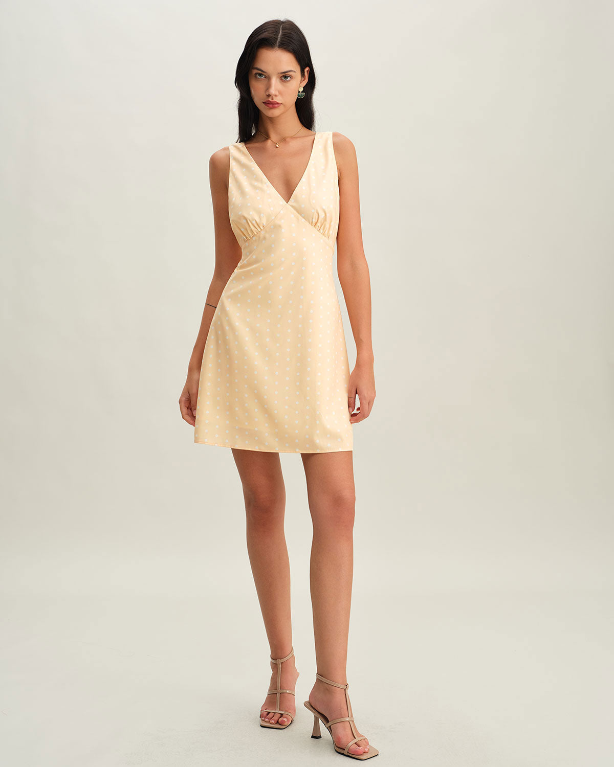 Sueña™ Sarı V Yaka Polka Dot Kolsuz Mini Elbise