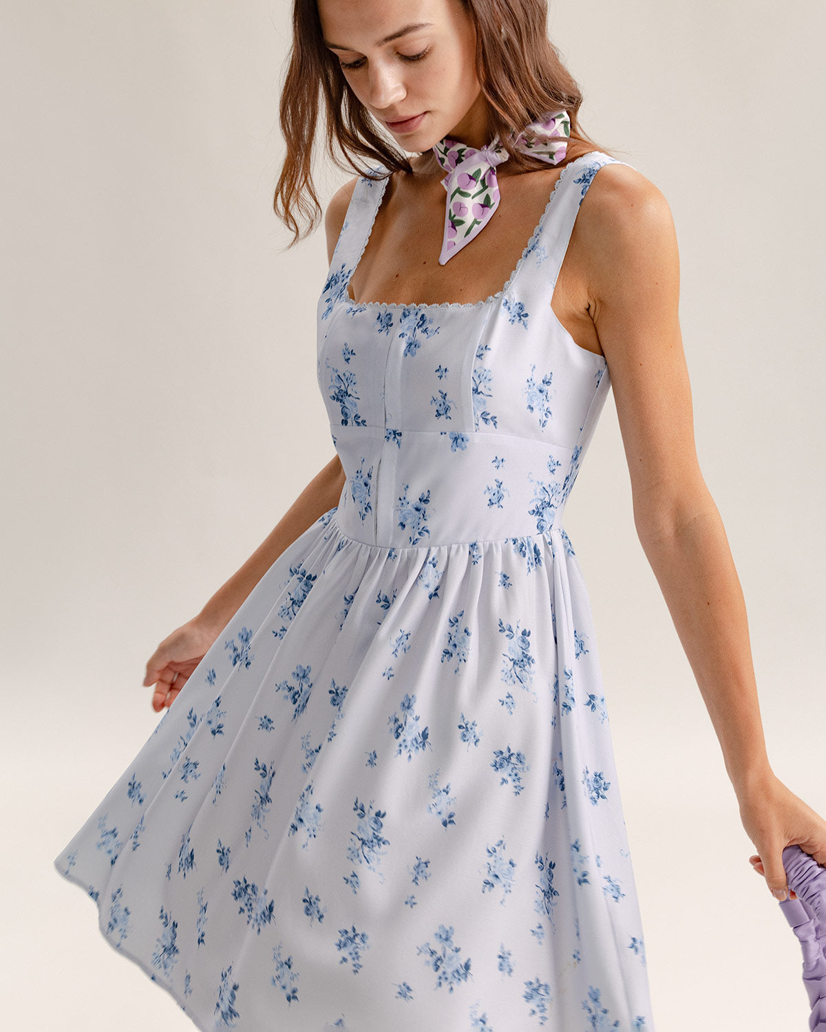 Sueña™ Mavi Çiçekli Kare Yaka Slip Mini Elbise