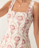 Sueña Pembe Kare Yaka Çiçek Slip Mini Elbise