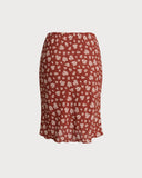 Kırmızı Çiçekli Düz Diz Boyu Etek