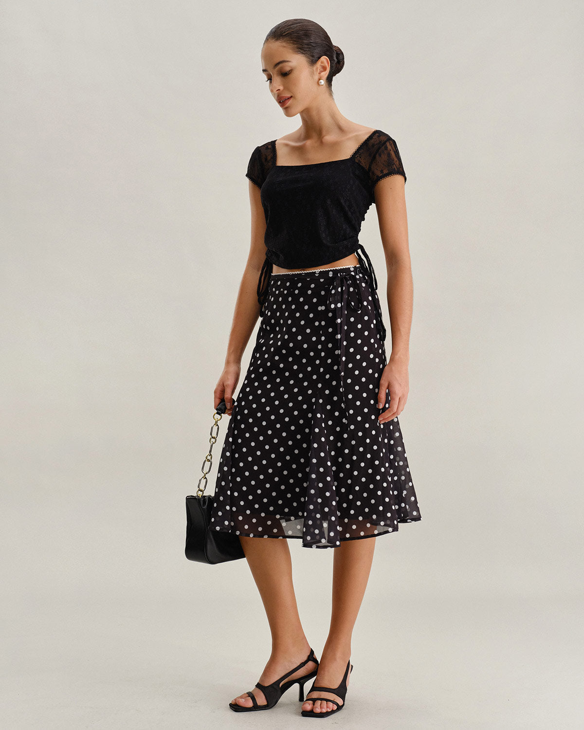 Sueña™ Siyah Polka Dot Denizkızı Midi Etek
