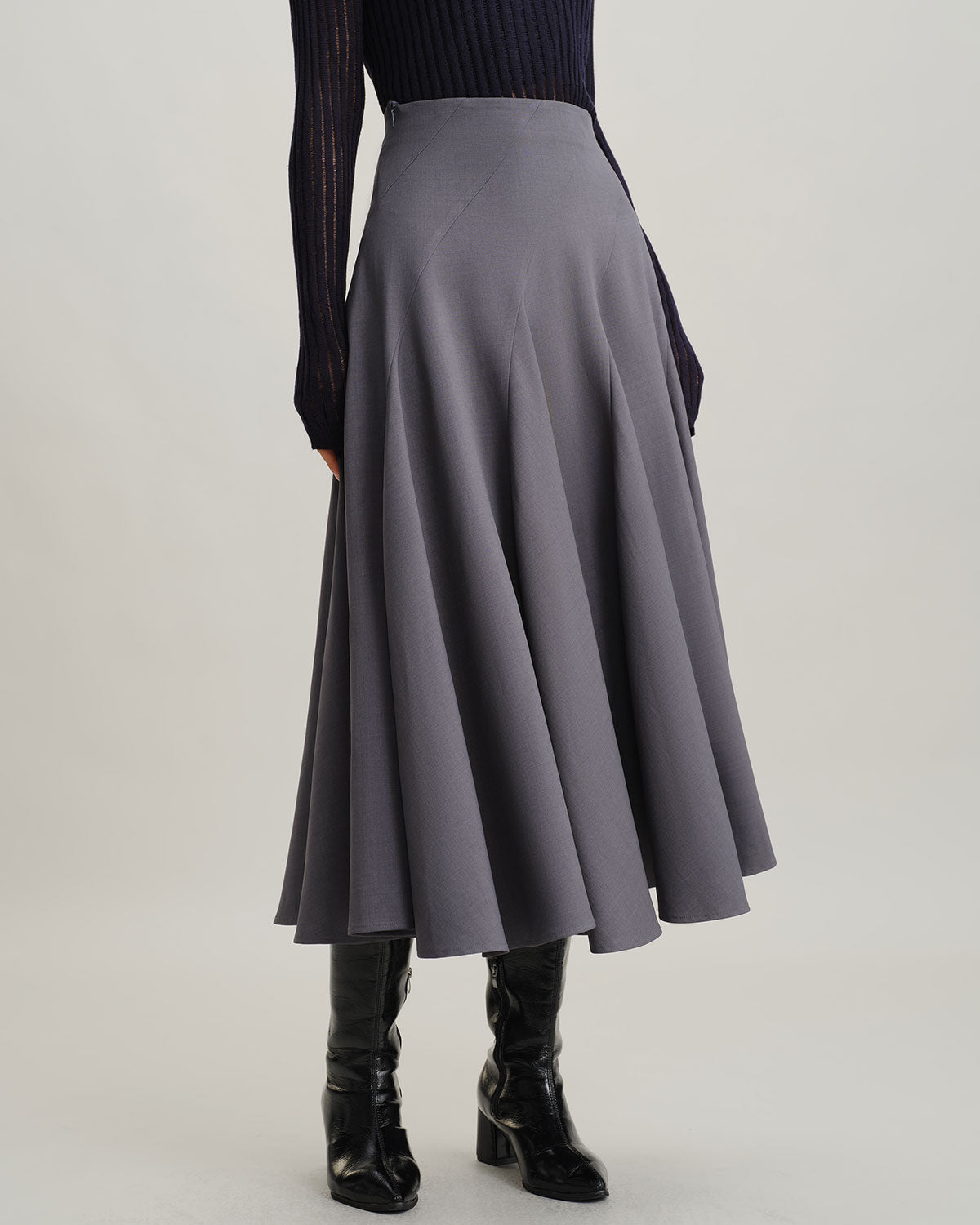 Gri Yüksek Bel Pileli Midi Etek